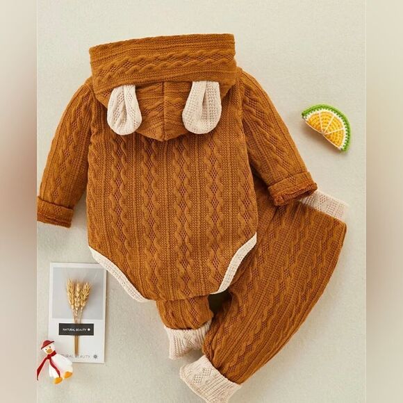 Two-Piece Teddy Bear Onesie with Hood & Matching Pants. Soft Cotton. Brown/Ivory - Picture 2 of 6